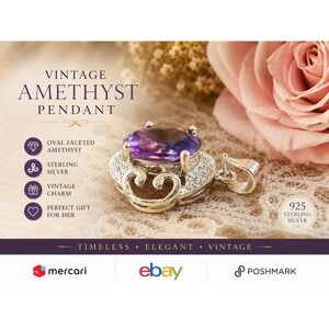 Vintage 925 Sterling Silver Amethyst Pendant | Ornate Filigree Setting | Oval